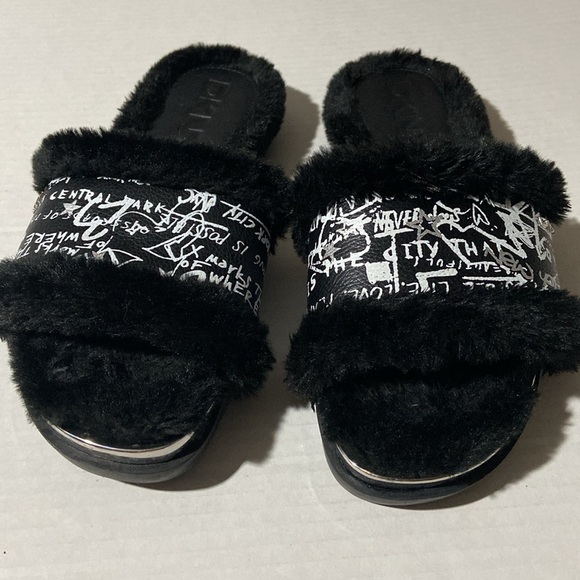 DKNY Fur Slides with Graffiti Graphics - Picture 2 of 8